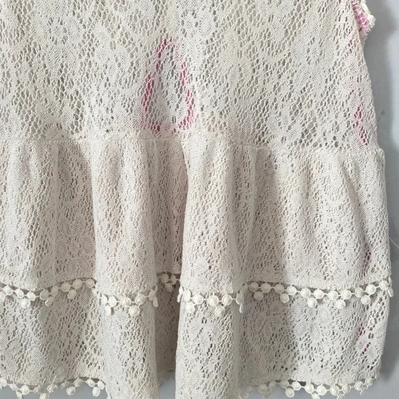 Free People Ivory Lace Pink Lined Babydoll Tank Top Keyhole Back Pom Trim Medium - Picture 4 of 7